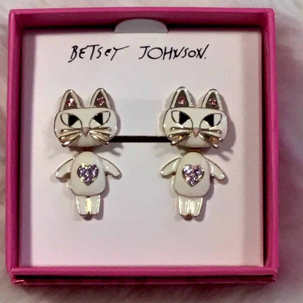 NIB Betsey Johnson Cute 2pc Front/Back Kitschy Cat Enamel Rhinestone Earrings